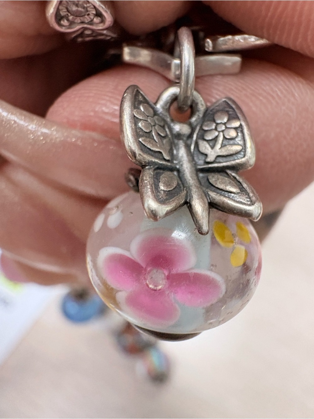 James Avery Sterling Silver Butterfly Charm with Pink Floral Glass Bead